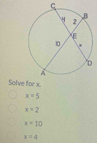 Solve for x.
x=5
x=2
x=10
x=4