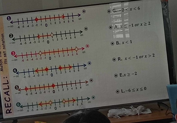 G.-2
①
A. |x≤ -1 or x≥ 2
B. x<1</tex>
R. x or x>2
E x≥ -2
L.-6≤ x≤ 0