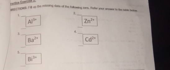 ractice Exercise 2. 
IIRECTONS: Fill up the missing data of the following ions. Refer your answer to the table below 
2 
1._ 
_
Al^(3+)
Zn^(2+)
4. 
3._ 
_
Ba^(2+)
Cd^(2+)
5._
Bi^(3+)