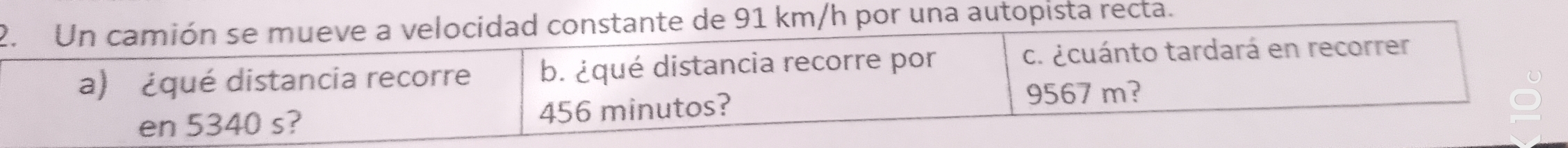 Un camión se mueve a velocidad constante de 91 km/h por una autopista recta. 
a) ¿qué distancia recorre b. ¿qué distancia recorre por c. ¿cuánto tardará en recorrer 
en 5340 s? 456 minutos?
9567 m?