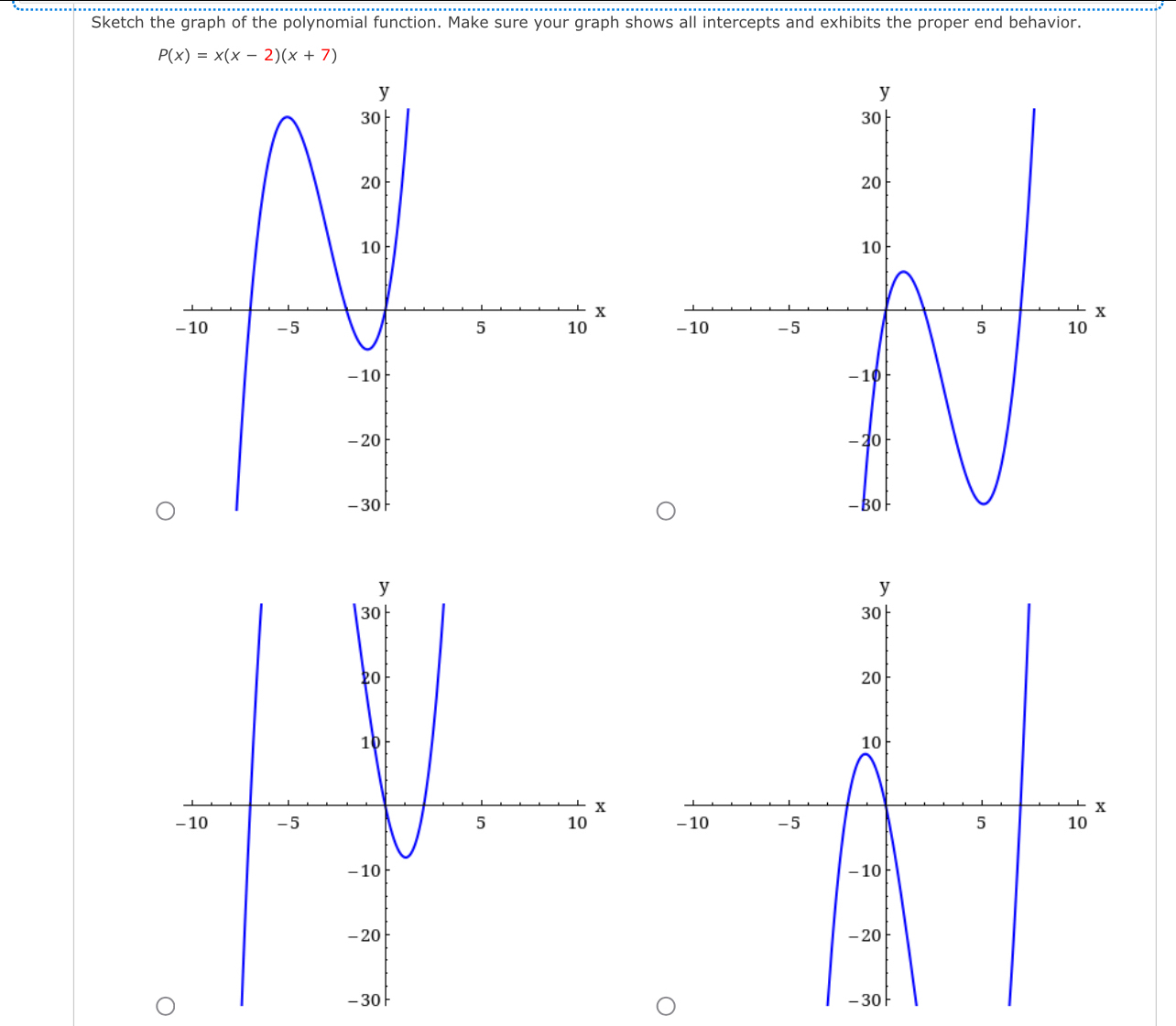 Sketch the graph of the polynomial function. Make sure your graph shows all intercepts and exhibits the proper end behavior.
P(x)=x(x-2)(x+7)