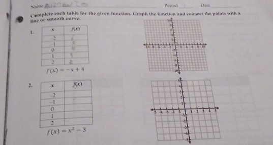 Name_
Period Date_
_
Cemplete each table for the given function. Graph the function and connect the points with a
line or smooth curve.
  
a
1.
 
.
10 - 4 , 4 8 10
-8
10
2.