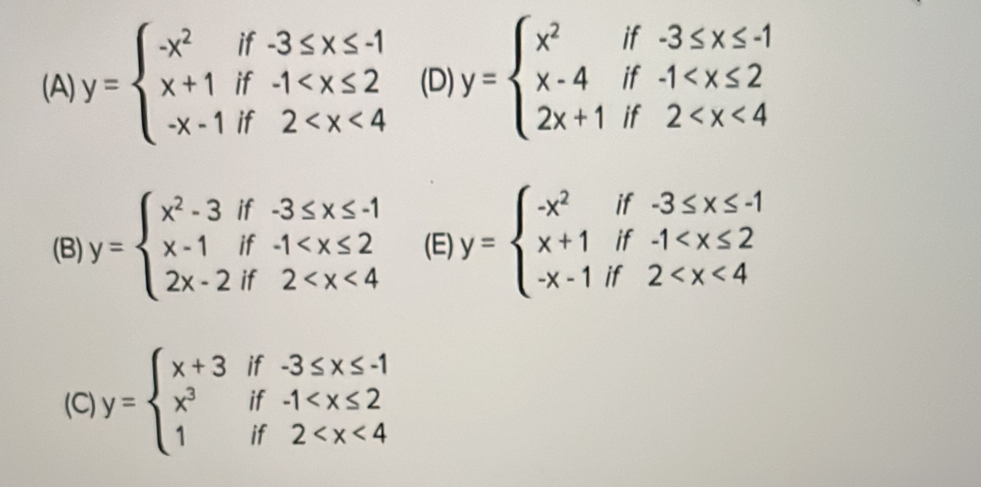 (A) y=beginarrayl -x^2if-3≤ x≤ -1 x+1if-1 (D) y=beginarrayl x^2if-3≤ x≤ -1 x-4if-1
(B) y=beginarrayl x^2-3if-3≤ x≤ -1 x-1if-1 (E) y=beginarrayl -x^2if-3≤ x≤ -1 x+1if-1
(C) y=beginarrayl x+3if-3≤ x≤ -1 x^3if-1