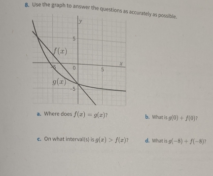 Use the graph to answer the questionccurately as possible.
a. Where does f(x)=g(x) 7 b. What is g(0)+f(0) 7
c. On what interval(s) is g(x)>f(x) d. What is g(-8)+f(-8) 2