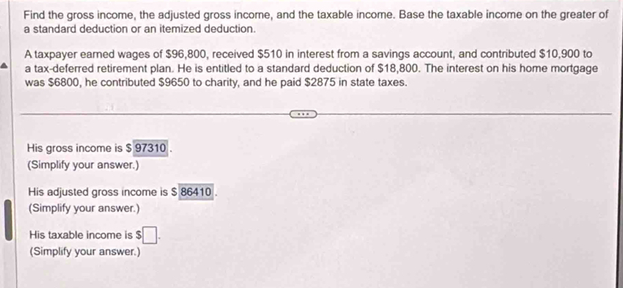 Find the gross income, the adjusted gross income, and the taxable income. Base the taxable income on the greater of 
a standard deduction or an itemized deduction. 
A taxpayer eared wages of $96,800, received $510 in interest from a savings account, and contributed $10,900 to 
a tax-deferred retirement plan. He is entitled to a standard deduction of $18,800. The interest on his home mortgage 
was $6800, he contributed $9650 to charity, and he paid $2875 in state taxes. 
His gross income is $ 97310. 
(Simplify your answer.) 
His adjusted gross income is $ 86410. 
(Simplify your answer.) 
His taxable income is $□. 
(Simplify your answer.)