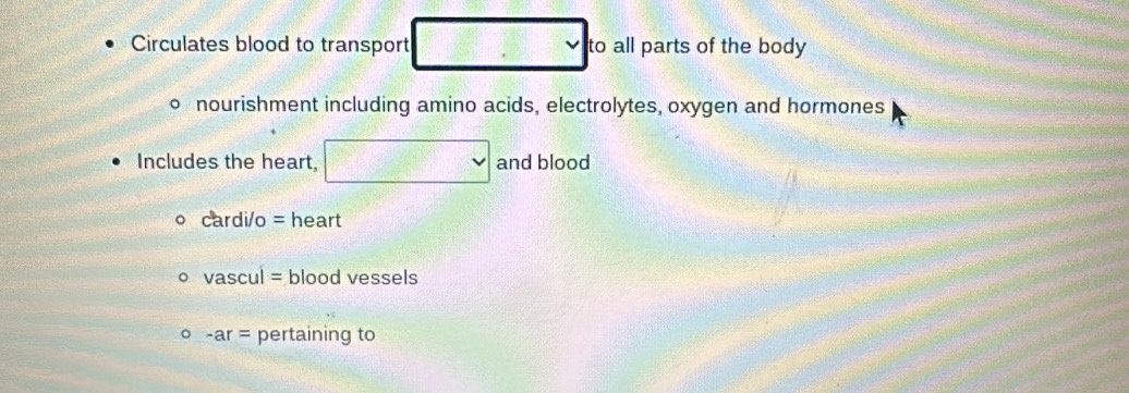 Circulates blood to transport to all parts of the body 
nourishment including amino acids, electrolytes, oxygen and hormones 
Includes the heart, and blood 
cardi/o = heart 
vascul = blood vessels 
-ar= pertaining to