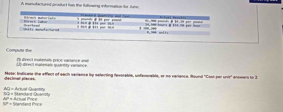 A manufactured product has the following information for June. 
Standard Quantity and Cost Actual Results 
Direct materials 5 pounds @ $8 per pound 41,900 pounds @ $8.20 per pound
Direct labor 3 DLH @ $16 per DLH 24,500 hours @ $16.50 per hour
Overhead 3 DLH @ $11 per DLH
Units manufactured $ 280,200 8,300 units
Compute the 
(1) direct materials price variance and 
(2) direct materials quantity variance. 
Note: Indicate the effect of each variance by selecting favorable, unfavorable, or no variance. Round "Cost per unit" answers to 2
decimal places.
AQ= Actual Quantity
SQ= Standard Quantity
AP= Actual Price
SP= Standard Price