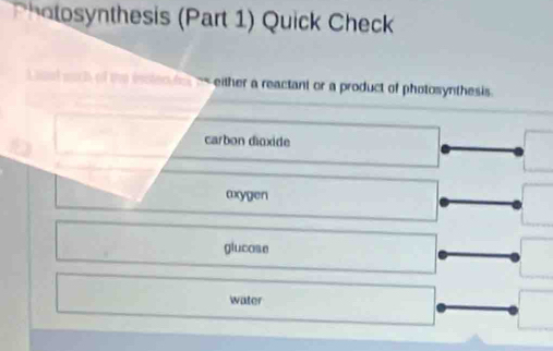 onthesis (Part 1) Quick Check
of the incten ios os either a reactant or a product of photosynthesis.
carbon dioxide
axygen
glucose
water