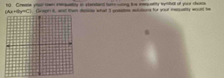 Create your own inequalty is standard form using the asquatity symbol of your ciuse
(Ax+By=C). Graph it, and then depide what 3 possible solutions for your insquality would be