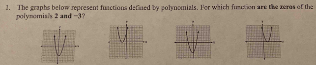 The graphs below represent functions defined by polynomials. For which function are the zeros of the 
polynomials 2 and −3?