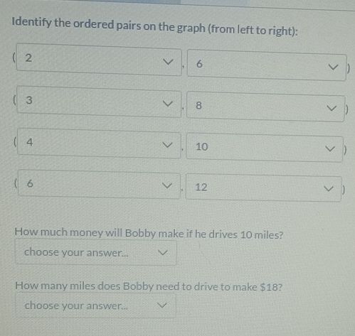 Identify the ordered pairs on the graph (from left to right): 
( 2
6
( 3
8
)
4
10
)
6
12
1
How much money will Bobby make if he drives 10 miles? 
choose your answer... 
How many miles does Bobby need to drive to make $18? 
choose your answer...