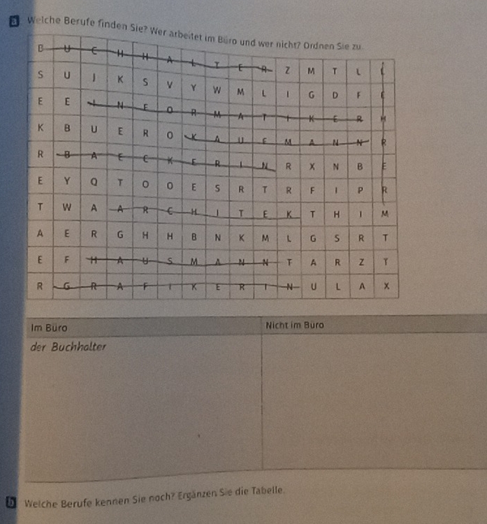 a Welche Berufe finde 
Im Büro Nicht im Buro 
der Buchhalter 
D Welche Berufe kennen Sie noch? Ergänzen Sie die Tabelle.