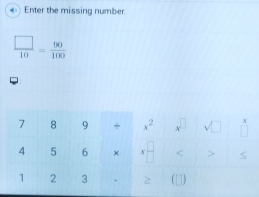 Enter the missing number.
 □ /10 = 90/100 