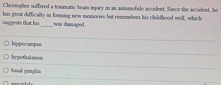 Christopher suffered a traumatic brain injury in an automobile accident. Since the accident, he
has great difficulty in forming new memories but remembers his childhood well, which
suggests that his_ was damaged.
hippocampus
hypothalamus
basal ganglia
amvgdala