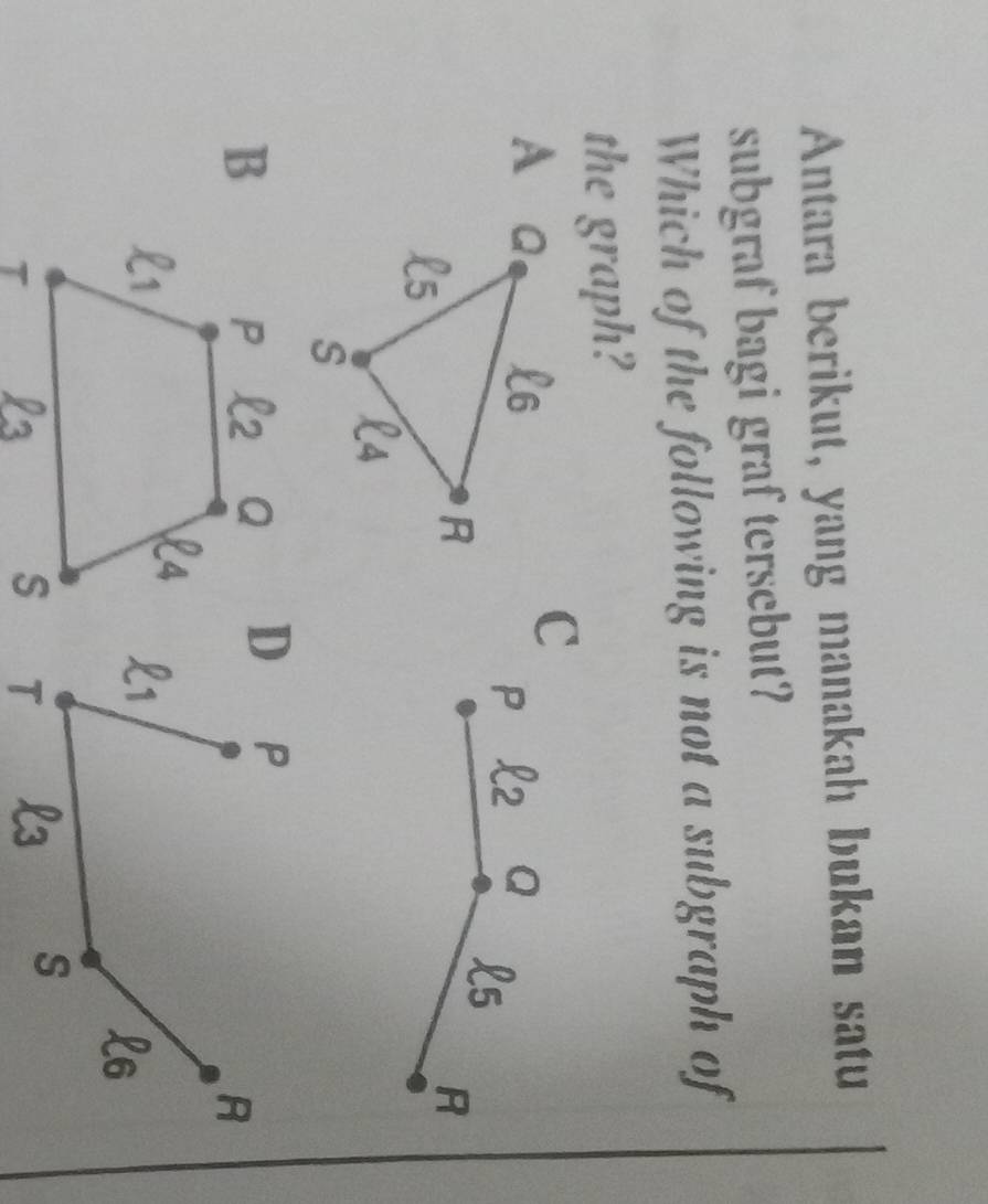 Antara berikut, yang manakah bukan satu
subgraf bagi graf tersebut?
Which of the following is not a subgraph of
the graph?
C
ell _2
A aQ D_c
R
B
R
ell _6
T
S