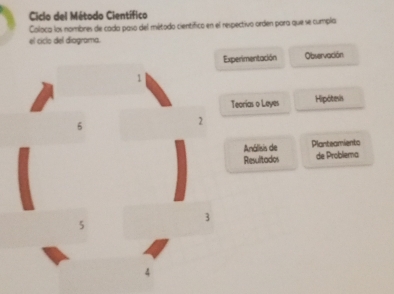 Ciclo del Método Científico 
Coloca los nombres de cada paso del método científico en el respectivo orden para que se cumpla 
el ciclo del diagrama. 
Experimentación Observación 
1 
Teorias o Leyes Hipótesis 
6 
2 
Análisis de Planteamiento 
Resultados de Probliema 
5 
3 
4