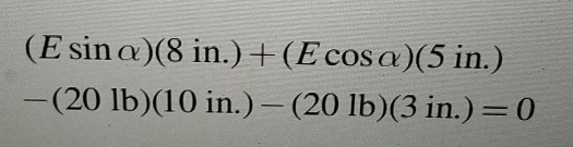 (Esin alpha )(8in.)+(Ecos alpha )(5in.)
-(20lb)(10in.)-(20lb)(3in.)=0