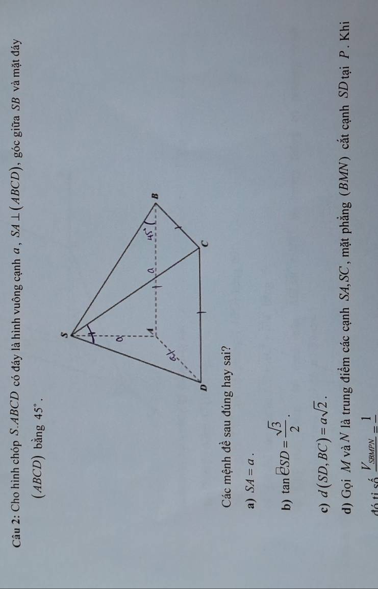 Cho hình chóp S.ABCD có đáy là hình vuông cạnh a , SA⊥ (ABCD) , góc giữa SB và mặt đáy
(ABCD) bằng 45°.
Các mệnh đề sau đúng hay sai?
a) SA=a.
b) tan eSD= sqrt(3)/2 .
c) d(SD,BC)=asqrt(2).
d) Gọi M và N là trung điểm các cạnh SA,SC, mặt phẳng (BMN) cắt cạnh SD tại P. Khi
đó ti số _ V_SBMPN_ _ 1