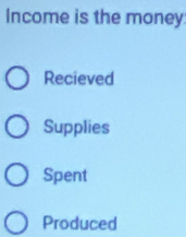 Income is the money
Recieved
Supplies
Spent
Produced