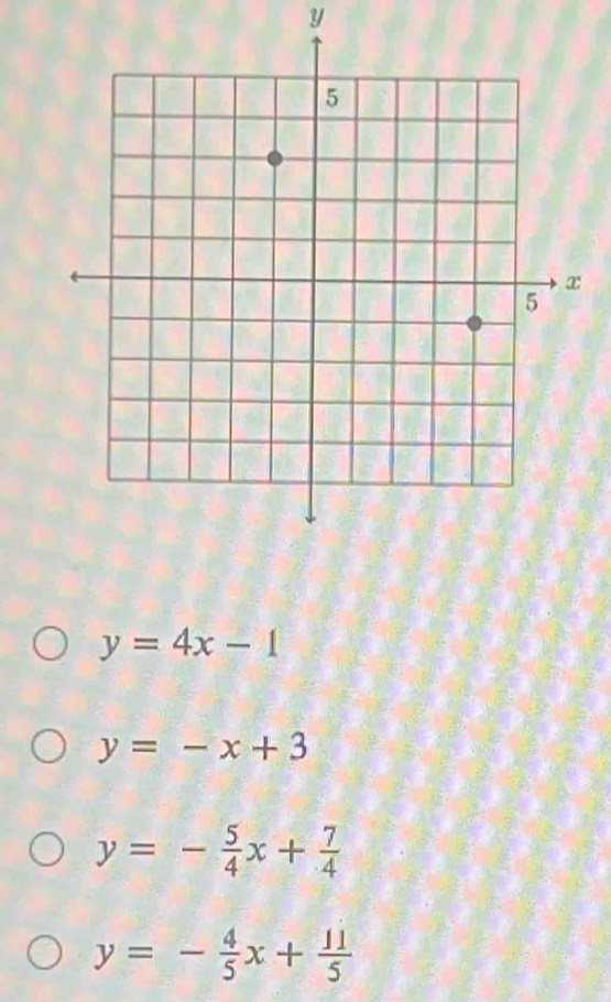 y
y=4x-1
y=-x+3
y=- 5/4 x+ 7/4 
y=- 4/5 x+ 11/5 