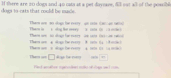 If there are 20 dogs and 40 cats at a pet daycare, fill out all of the possibl 
dogs to cats that could be made. 
There aee 20 dogs for every 40 cats (30/40 ratio) 
There is t dong for avery D ( (1 3 () 
There are 10 dogs for every 30 cats (10 :30 mato) 
Thave aoe 4 dngs for evary $ cate (g ④ catio) 
Thave arw 3 dongs tor evary 4 ④ 54 2O 
Theve aco □ díngs fü œvas 1+1
Rnd another equivalon eartc of dogs and cam.