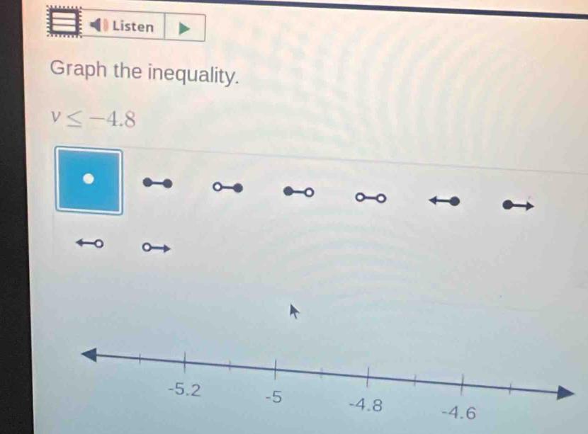 Listen 
Graph the inequality.
v≤ -4.8
。 
。 。