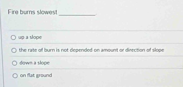 Fire burns slowest
_
up a slope
the rate of burn is not depended on amount or direction of slope
down a slope
on flat ground