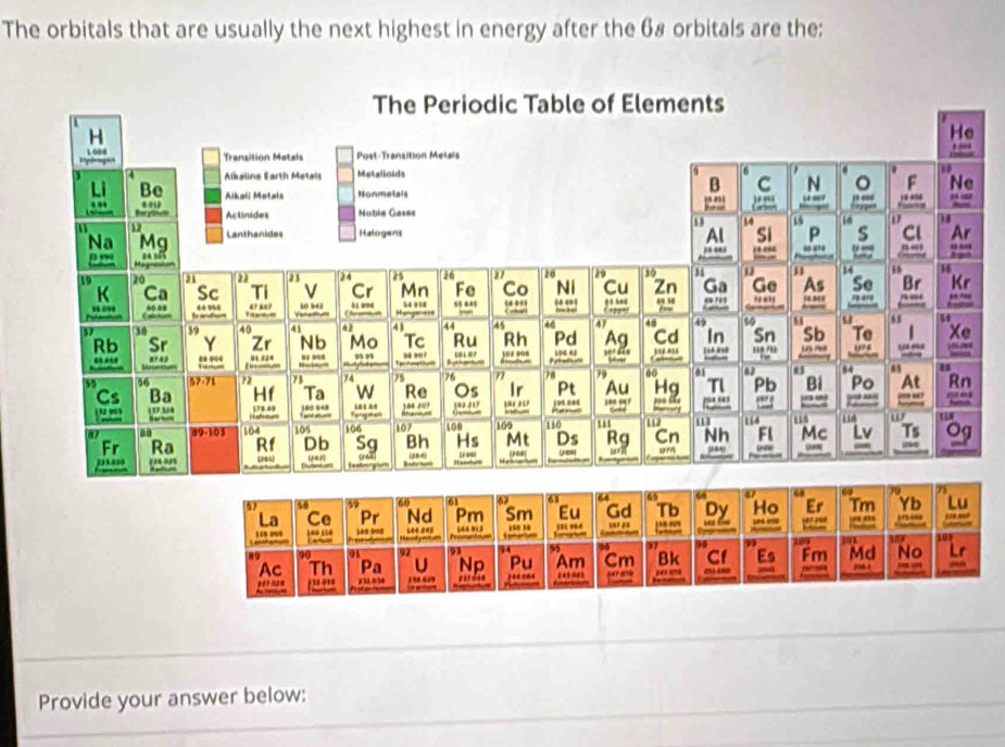 The orbitals that are usually the next highest in energy after the 68 orbitals are the: 
Provide your answer below: