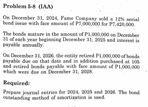 Solved: Problem 5-8 (IAA) On December 31, 2024, Fame Company sold a 12% ...