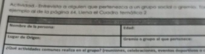 Actividad.- Entrevista a alguien que pertenezca a un grupo social o gremio. fo 
ejemplo al de la página 64. Liena el Cuadro temático 2 
e