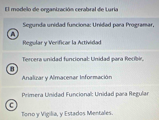 El modelo de organización cerabral de Luria
Segunda unidad funciona: Unidad para Programar,
A
Regular y Verificar la Actividad
Tercera unidad funcional: Unidad para Recibir,
B
Analizar y Almacenar Información
Primera Unidad Funcional: Unidad para Regular
C
Tono y Vigilia, y Estados Mentales.