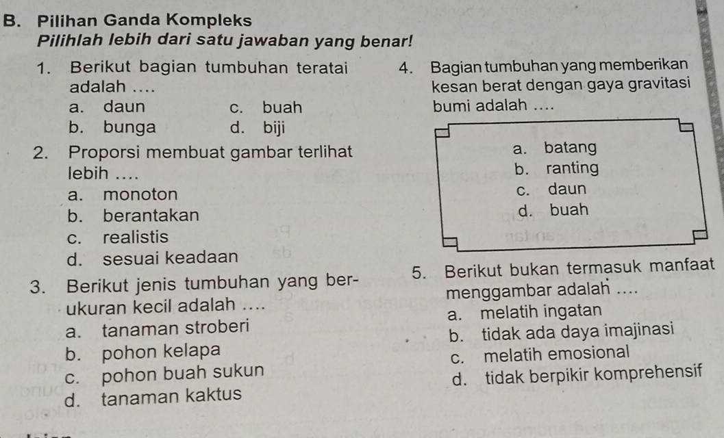 Pilihan Ganda Kompleks
Pilihlah lebih dari satu jawaban yang benar!
1. Berikut bagian tumbuhan teratai 4. Bagian tumbuhan yang memberikan
adalah .... kesan berat dengan gaya gravitasi
a. daun c. buah bumi adalah ....
b. bunga d. biji
2. Proporsi membuat gambar terlihat
lebih ....
a. monoton
b. berantakan
c. realistis
d. sesuai keadaan
3. Berikut jenis tumbuhan yang ber- 5. Berikut bukan termasuk manfaat
ukuran kecil adalah .... menggambar adalah ....
a. tanaman stroberi_ a. melatih ingatan
b. tidak ada daya imajinasi
b. pohon kelapa
c. pohon buah sukun c. melatih emosional
d. tanaman kaktus d. tidak berpikir komprehensif