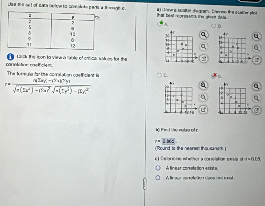 Use the set of data below to complete parts a through d. a) Draw a scatter diagram. Choose the scatter plot
that best represents the given data.
A
B
y
20
y
16
16
12
12 o Q 。 o Q
8
a
。
4 x 4 。 x
Click the icon to view a table of critical values for the 12 16 B 。 A 121820 B
。 A 
a 
correlation coefficient.
The formula for the correlation coefficient is C. D.
r=frac n(sumlimits xy)-(sumlimits x)(sumlimits y)sqrt(n(sumlimits x^2)-(sumlimits x)^2)sqrt(n(sumlimits y^2)-(sumlimits y)^2).
y
20
y
16
16
12 o 。 12 。
。
8 a
4
p
4 x
。
8 12 16 12 18
4
b) Find the value of r.
r=0.865. 
(Round to the nearest thousandth.)
c) Determine whether a correlation exists at alpha =0.05.
A linear correlation exists
A linear correlation does not exist.