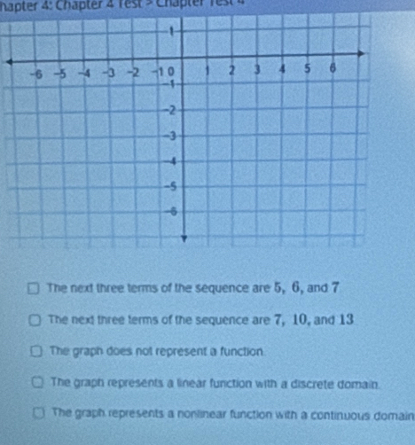 hapter 4: Chapter 41031-
The next three terms of the sequence are 5, 6, and 7
The next three terms of the sequence are 7, 10, and 13
The graph does not represent a function
The graph represents a linear function with a discrete domain.
The graph represents a nonlinear function with a continuous domain