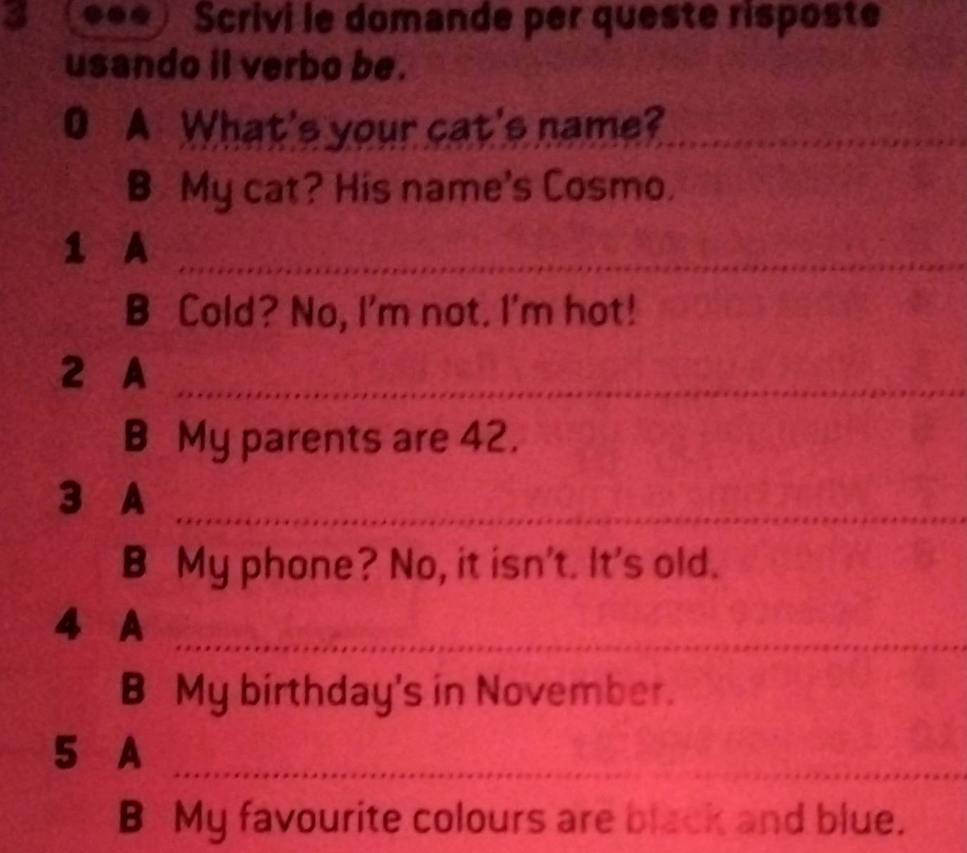 Scrivi le domande per queste risposte
usando it verbo be.
O ▲ What's your cat's name?_
B My cat? His name's Cosmo.
1 A_
B Cold? No, I'm not. I'm hot!
2 A_
B My parents are 42.
3 A_
B My phone? No, it isn't. It's old.
4 A
_
B My birthday's in November.
5 A_
B My favourite colours are black and blue.