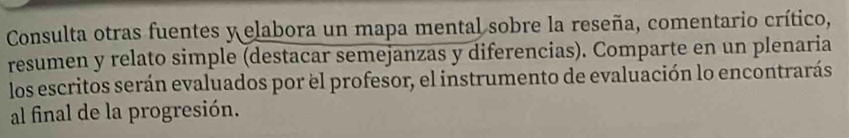 Consulta otras fuentes y elabora un mapa mental sobre la reseña, comentario crítico, 
resumen y relato simple (destacar semejanzas y diferencias). Comparte en un plenaria 
los escritos serán evaluados por el profesor, el instrumento de evaluación lo encontrarás 
al final de la progresión.