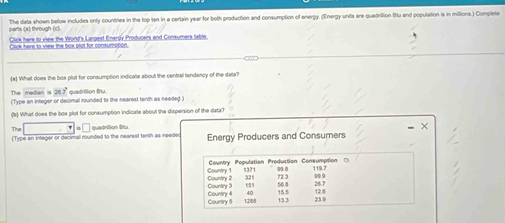 The data shown below includes only countries in the top ten in a certain year for both production and consumption of energy. (Energy units are quadrillion Btu and population is in millions.) Complete 
parts (a) through (c). 
Click here to view the World's Largest Energy Producers and Consumers table. 
Click here to view the bax plot for consumption. 
(a) What does the box plot for consumption indicate about the central tendency of the data? 
The median is 26.7 quadrillion Btu. 
(Type an integer or decimal rounded to the nearest tenth as needed.) 
(b) What does the box plot for consumption indicate about the dispersion of the data? 
The □ is □ quadrillion Btu. - × 
(Type an integer or decimal rounded to the nearest tenth as needed Energy Producers and Consumers 
Country Population Production Consumption 
Country 1 1371 99.8 119.7
Country 2 321 72.3 99.9
Country 3 151 56.8 26.7
Country 4 40 15.5 12.6
Country 5 1288 13.3 23.9