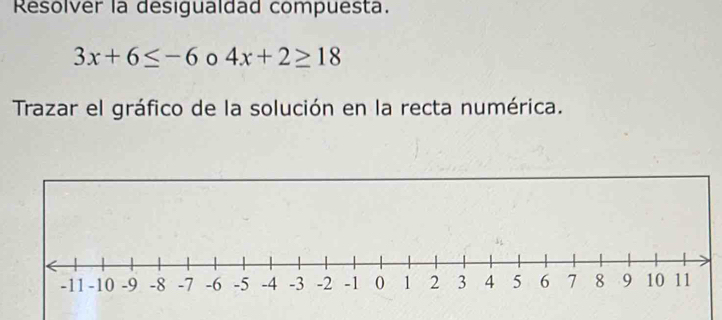 Resolver la desigualdad compuesta.
3x+6≤ -6 4x+2≥ 18
Trazar el gráfico de la solución en la recta numérica.