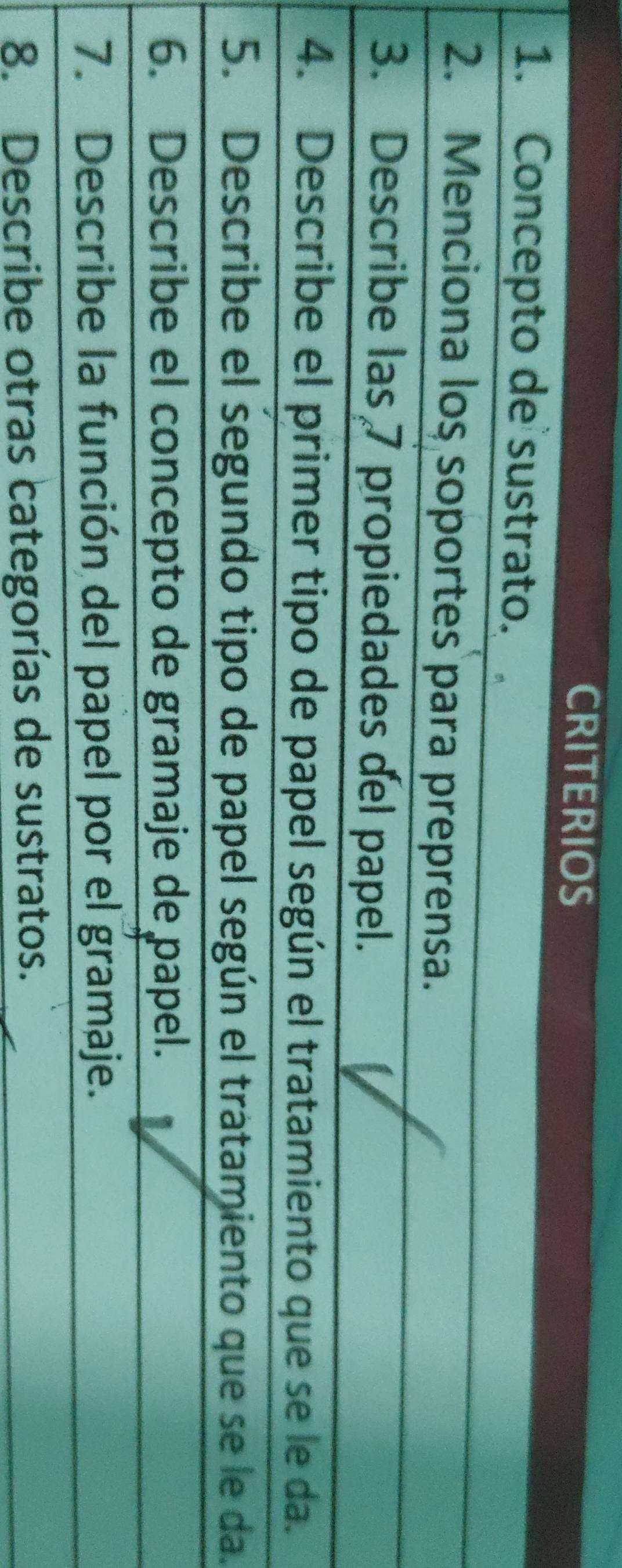 CRITERIOS 
1. Concepto de sustrato. 
2. Menciona los soportes para preprensa. 
3. Describe las 7 propiedades del papel. 
4. Describe el primer tipo de papel según el tratamiento que se le da. 
5. Describe el segundo tipo de papel según el tratamiento que se le da. 
6. Describe el concepto de gramaje de papel. 
7. Describe la función del papel por el gramaje. 
8. Describe otras categorías de sustratos.