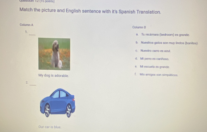 Match the picture and English sentence with it's Spanish Translation.
Column A Column B
_
1.
a. Tu recámara (bedroom) es grande.
b. Nuestros gatos son muy lindos (bonitos).
c. Nuestro carro es azul.
d. Mi perro es cariñoso.
e. Mi escuela es grande.
My dog is adorable.
f. Mis amigos son simpáticos.
_
2.
Our car is blue.