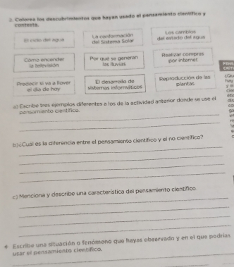 Colorea los descubrimientos que hayan usado el pensamiento científico y 
contesta. 
La conformación 
El ciclo del agua del Süstera Solar del estacio del agua Los cambios 
Cómo encender ia televisión Por qué se generan Realizar compras por intemes 
las Iluvias PEHS CRT 
El desarroílo de Reproducción de las 
Predecir sí va a llover el día de hóy sisteras informáticos plantas Thary y ei cie 
dis 
a) Escribe tres ejemplos diferentes a los de la actividad anteríor donde se use el 4
0 
_ 
pensamiento científico. 
r 
_ 
_ 
(Cual es la diferencia entre el pensamiento cientifico y el no científico? 
_ 
_ 
_ 
_ 
Menciona y describe una característica del pensamiento científico. 
_ 
_ 
_ 
. Escribe una situación o fenómeno que hayas observado y en el que podrias 
_ 
usar el pensamiento científico. 
_ 
_