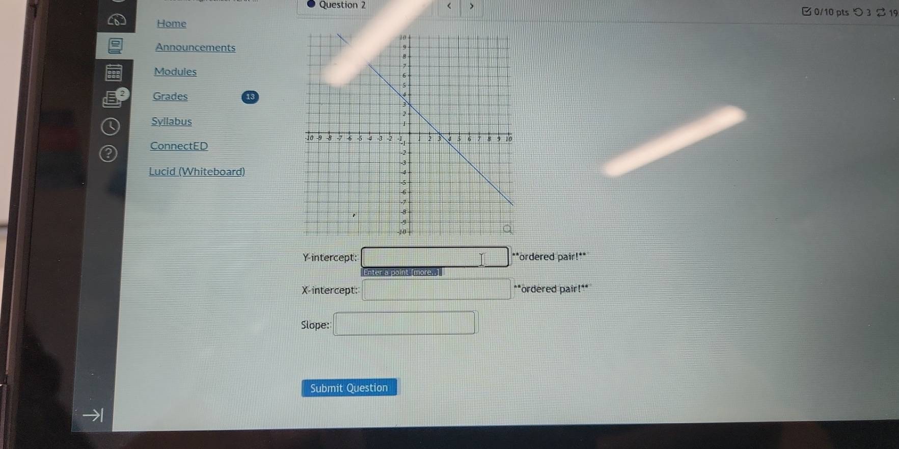 < > B 0/10 pts つ 3% 19 
Home 
Announcements 
Modules 
Grades 
Syllabus 
ConnectED 
Lucid (Whiteboard) 
Y-intercept: **ordered pair!** 
Enter a point (more ) 
X-intercept: □ ** "ordered pair!"* 
Slope: □ 
Submit Question