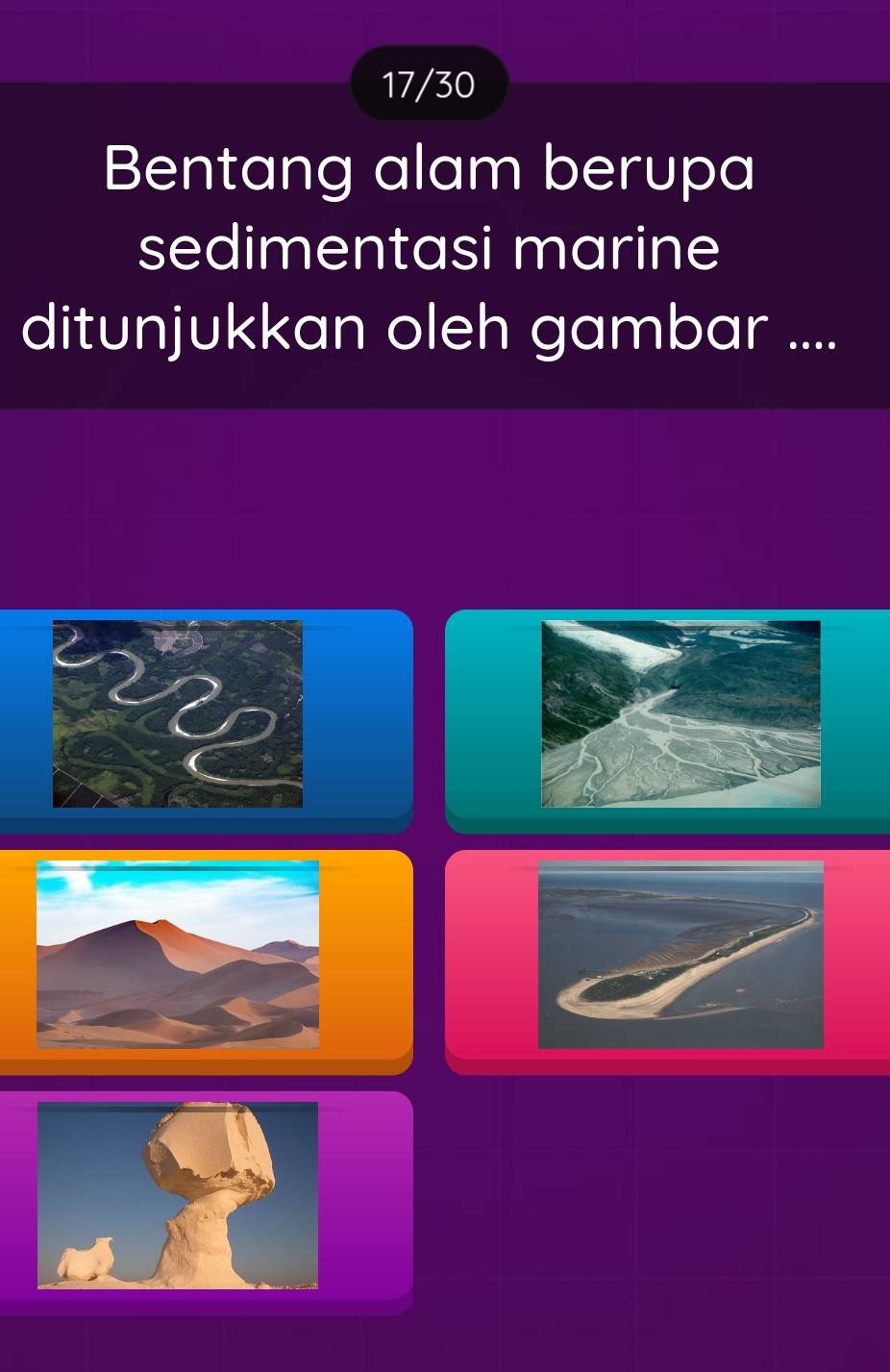 17/30 
Bentang alam berupa 
sedimentasi marine 
ditunjukkan oleh gambar ....