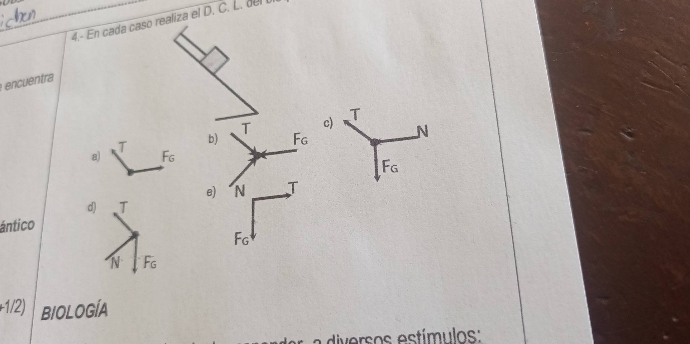 4.- En cada caso realiza el D. C. L. del 
encuentra
T
T
c)
T
b)
F_G
N
a)
F_G
F_G
e) N
J
ántico
. F_G
+1/2) BIOLOGÍA
di  r o  estí  u lo: