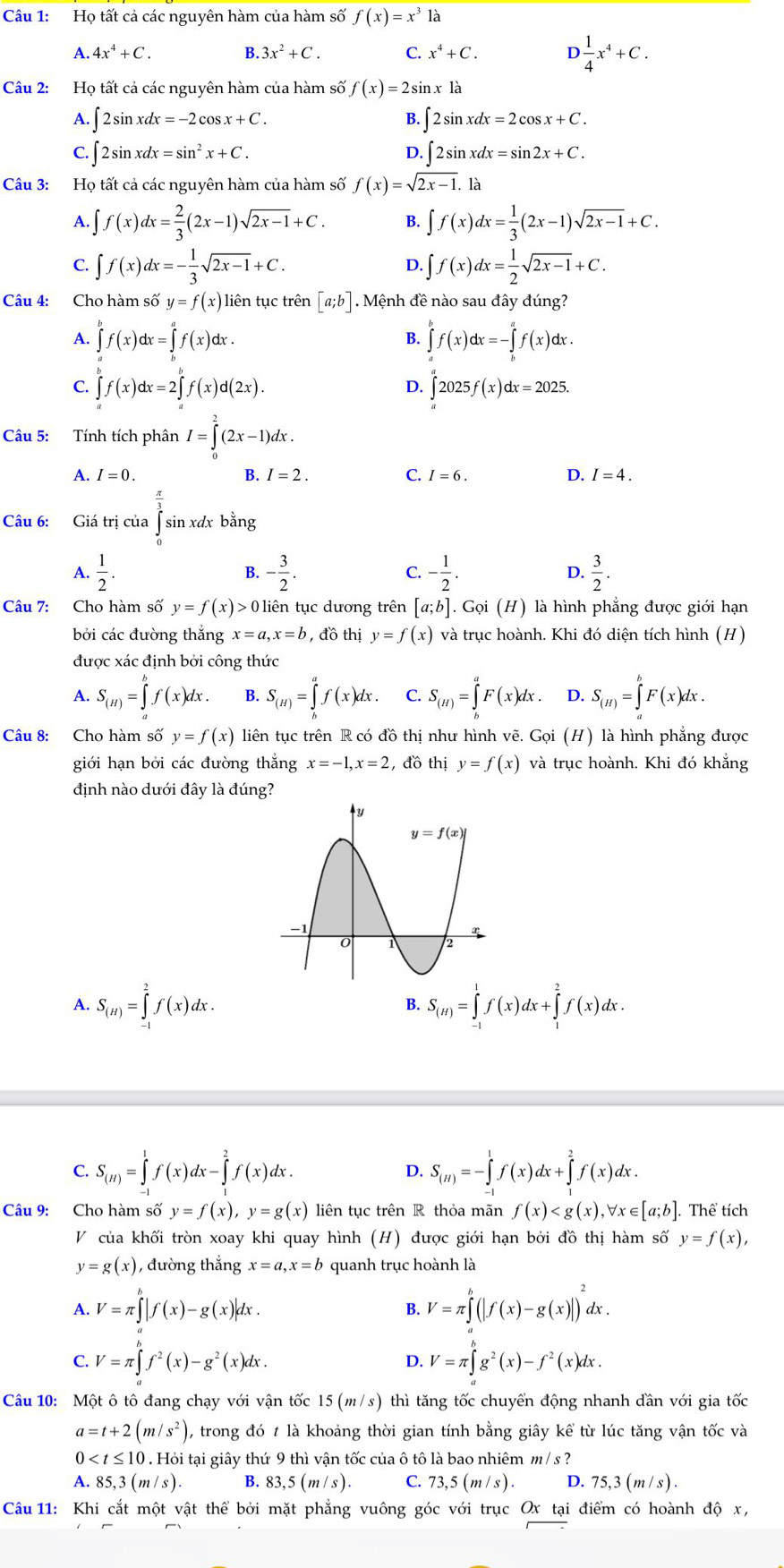 Họ tất cả các nguyên hàm của hàm số f(x)=x^3 là
A. 4x^4+C. B. 3x^2+C. C. x^4+C. D  1/4 x^4+C.
Câu 2: Họ tất cả các nguyên hàm của hàm số f(x)=2sin x1a
A. ∈t 2sin xdx=-2cos x+C. ∈t 2sin xdx=2cos x+C.
B.
C. ∈t 2sin xdx=sin^2x+C. D. ∈t 2sin xdx=sin 2x+C.
Câu 3: Họ tất cả các nguyên hàm của hàm số f(x)=sqrt(2x-1). là
A. ∈t f(x)dx= 2/3 (2x-1)sqrt(2x-1)+C. B. ∈t f(x)dx= 1/3 (2x-1)sqrt(2x-1)+C.
C. ∈t f(x)dx=- 1/3 sqrt(2x-1)+C. ∈t f(x)dx= 1/2 sqrt(2x-1)+C.
D.
Câu 4: Cho hàm số y=f(x) liên tục trên [a;b]. Mệnh đề nào sau đây đúng?
A. ∈tlimits _a^(bf(x)dx=∈tlimits _b^af(x)dx. ∈tlimits _a^bf(x)dx=-∈tlimits _b^af(x)dx.
B.
C. ∈tlimits _a^bf(x)dx=2∈tlimits _a^bf(x)d(2x). ∈tlimits _0^a2025f(x)dx=2025.
D.
Câu 5: Tính tích phân I=∈tlimits _0^2(2x-1)dx.
A. I=0. B. I=2. C. I=6. D. I=4.
Câu 6: Giá trị của overline (∈tlimits _0)^3) sin xdx bằng
A.  1/2 . - 3/2 . C. - 1/2 . D.  3/2 .
B.
Câu 7: Cho hàm số y=f(x)>0 liên tục dương trên [a;b]. Gọi (H) là hình phẳng được giới hạn
bởi các đường thắng x=a,x=b , đồ thị y=f(x) và trục hoành. Khi đó diện tích hình (H)
được xác định bởi công thức
A. S_(H)=∈tlimits^(h^hf(x)dx. B. S_(H))=∈tlimits _b^(af(x)dx. C. S_(H))=∈tlimits _b^(aF(x)dx. D. S_(H))=∈tlimits _a^(bF(x)dx.
Câu 8: Cho hàm số y=f(x) liên tục trên R có đồ thị như hình vẽ. Gọi (H) là hình phẳng được
giới hạn bởi các đường thắng x=-1,x=2 , đồ thị y=f(x) và trục hoành. Khi đó khắng
định nào dưới đây là đúng?
A. S_(H))=∈tlimits _1^(2f(x)dx. B. S_(H))=∈tlimits _(-1)^1f(x)dx+∈tlimits _1^(2f(x)dx.
C. S_(H))=∈tlimits _(-1)^1f(x)dx-∈tlimits _1^(2f(x)dx. S_(H))=-∈tlimits _(-1)^1f(x)dx+∈tlimits _1^(2f(x)dx.
D.
Câu 9: Cho hàm số y=f(x),y=g(x) liên tục trên R thỏa mãn f(x) . Thể tích
V của khối tròn xoay khi quay hình (H) được giới hạn bởi đồ thị hàm số y=f(x),
y=g(x) 1, đường thắng x=a,x=b quanh trục hoành là
A. V=π ∈tlimits ^b)|f(x)-g(x)|dx. B. V=π ∈tlimits^b(|f(x)-g(x)|)^2dx.
C. V=π ∈t f^2(x)-g^2(x)dx. D. V=π ∈tlimits _a^(bg^2)(x)-f^2(x)dx.
Câu 10: Một ô tô đang chạy với vận tốc 15(m/s) thì tăng tốc chuyển động nhanh đần với gia tốc
a=t+2(m/s^2) ), trong đó t là khoảng thời gian tính bằng giây kể từ lúc tăng vận tốc và
0 0 . Hỏi tại giây thứ 9 thì vận tốc của ô tô là bao nhiêm m / s ?
A. 85,3(m/s) B. 83,5(m/s). C. 73,5(m/s). D. 75,3(m/s).
Câu 11: Khi cắt một vật thể bởi mặt phẳng vuông góc với trục Ox tại điểm có hoành độ x,