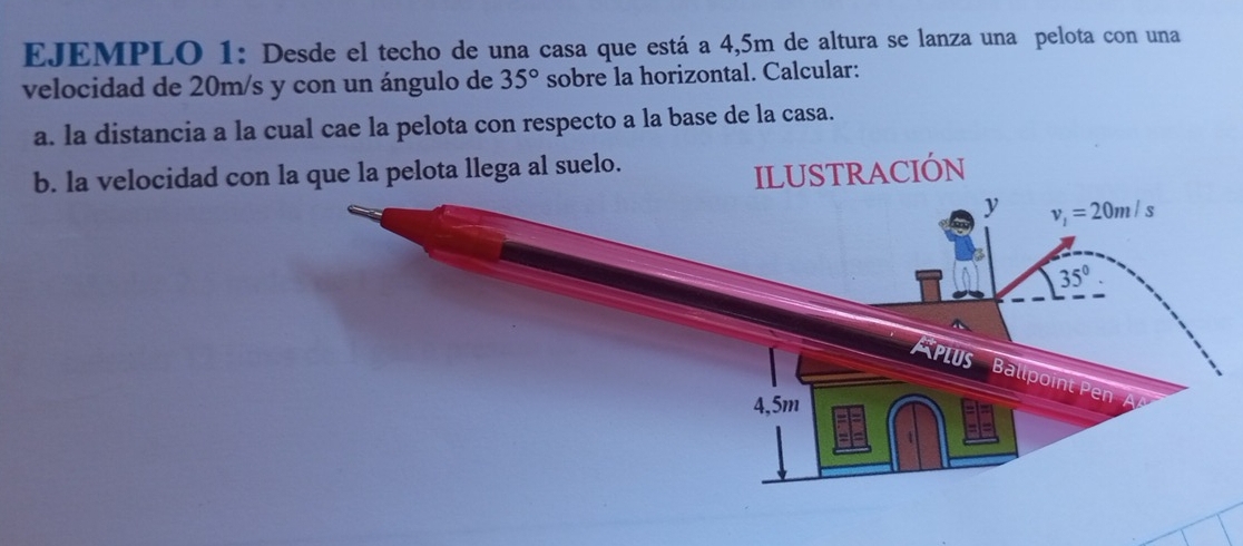 EJEMPLO 1: Desde el techo de una casa que está a 4,5m de altura se lanza una pelota con una
velocidad de 20m/s y con un ángulo de 35° sobre la horizontal. Calcular:
a. la distancia a la cual cae la pelota con respecto a la base de la casa.
b. la velocidad con la que la pelota llega al suelo.
ILUSTRACIÓN