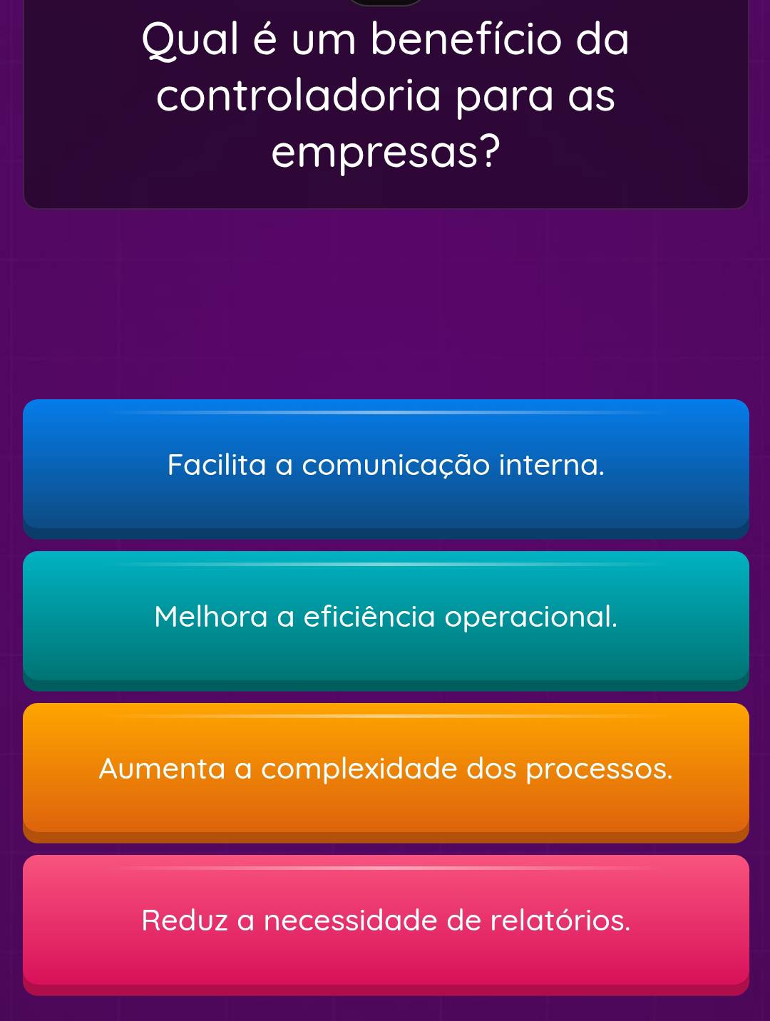 Qual é um benefício da
controladoria para as
empresas?
Facilita a comunicação interna.
Melhora a eficiência operacional.
Aumenta a complexidade dos processos.
Reduz a necessidade de relatórios.