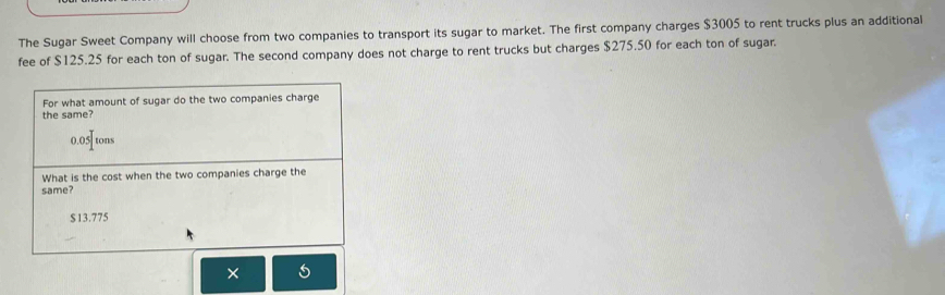 The Sugar Sweet Company will choose from two companies to transport its sugar to market. The first company charges $3005 to rent trucks plus an additional 
fee of $125.25 for each ton of sugar. The second company does not charge to rent trucks but charges $275.50 for each ton of sugar. 
For what amount of sugar do the two companies charge 
the same?
0.05[tons
What is the cost when the two companies charge the 
same?
$13.775
× 5