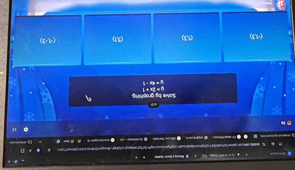 2 4 CW HW Quaz2 - 1 Q Playing a Game - Quizizz
a A quiB22com/jom/game/U2FedGVkX1%252BKzVH2nRc0u6R%252FgXs3wvwCdqPhTkf7bZ1eMgQg252B4jKJ4kAupwY2m8HdjLXA1f9h6pKT6zKC.
e stregional orp Inolmaria 27+ Balst Picturea | ● Logging you n AGO Live The Natlo a Smarthistory - Jioh Acro Qymnjatic Sh O Nwt
All Bookmarka
【]
50
6/21
Solve by graphing.
.
y=2x+1
y=4x-1
(-1,-3)
(-1,3)
(1,3)
(3,1)