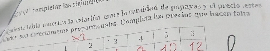 CIONº completar las sigiuientes 
estra la relación entre la cantidad de papayas y el precio .estas 
. Completa los precios que hacen falta